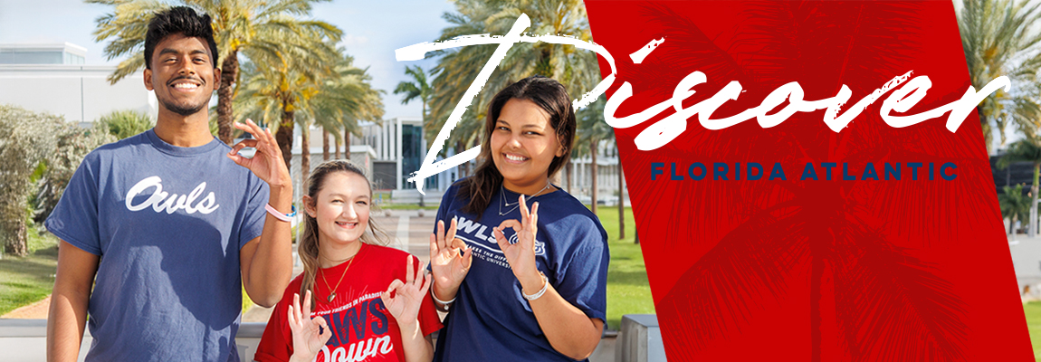 Discover Florida Atlantic. Smiling students in their FAU spirit gear.