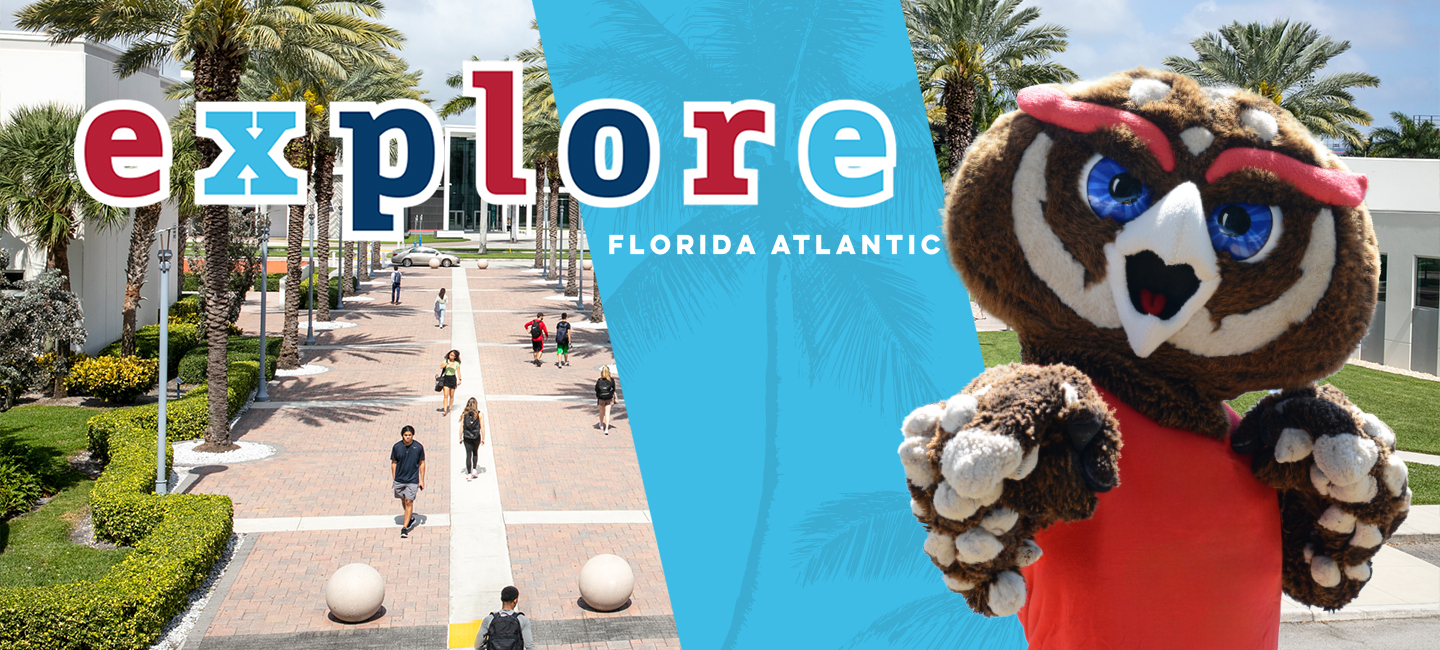 Explore Florida Atlantic with Owlsely, the mascot, with the campus in the background.